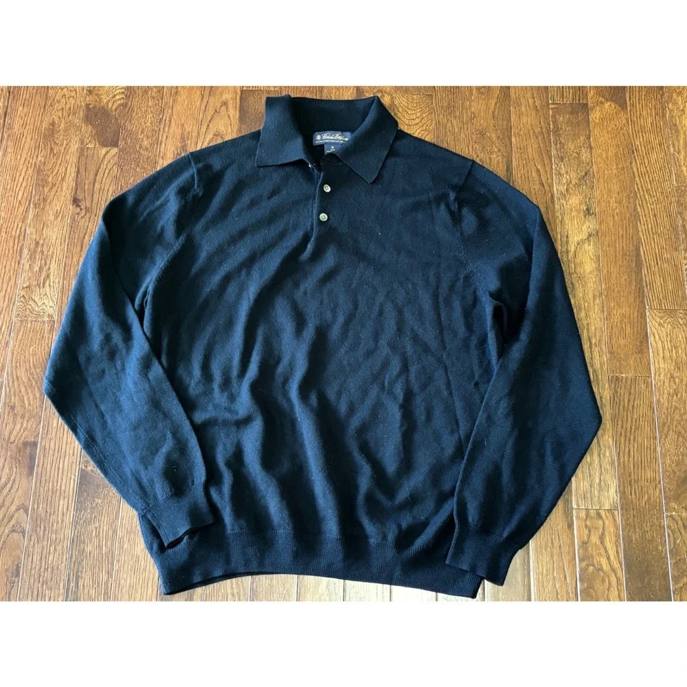Brooks Brothers Merino Wool Polo Sweater Mens M Blue Long Sleeve Italian Merino